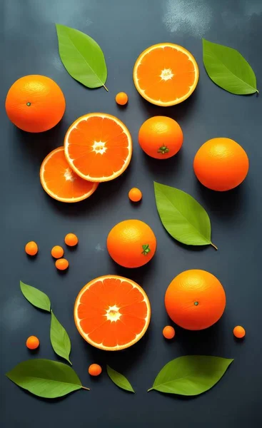 fresh ripe oranges with leaves on a black background. top view. flat lay.