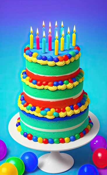 birthday cake with candles and candle on blue background