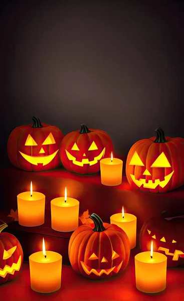 halloween pumpkin jack o lantern with candles and pumpkins on dark background