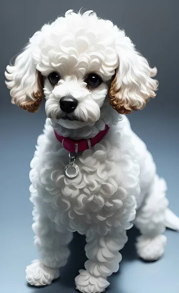 white poodle dog with pink bow tie and looking at camera