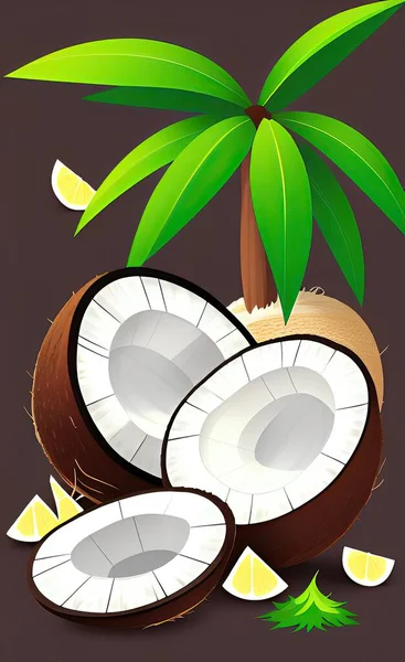 coconut tree with leaves and tropical fruits on a white background. vector illustration