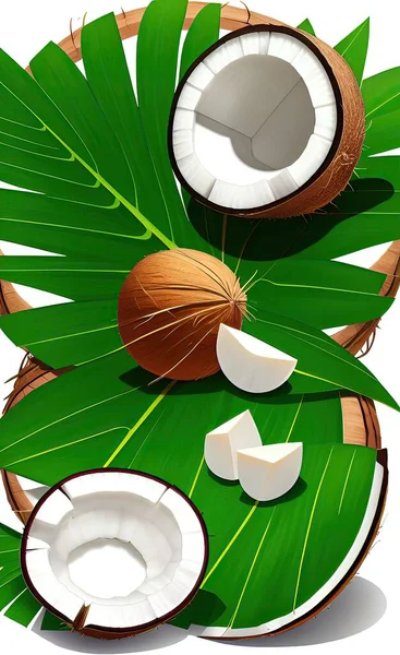 coconut with leaves and tropical fruits on white background