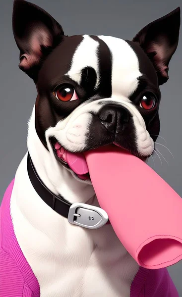 french bulldog with a pink collar and a black dog on a red background