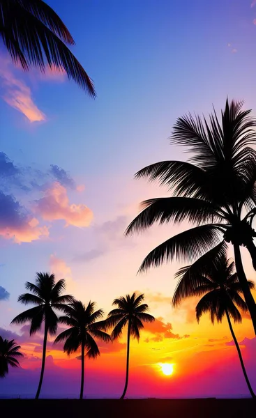 beautiful sunset with palm trees and sun