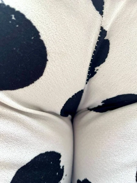 Uma Fotografia Pijamas Sofá Estampa Vaca Com Padrão Bolinhas Preto — Fotografia de Stock
