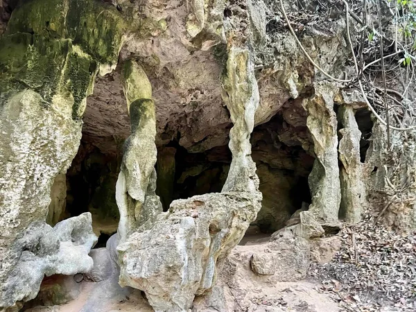 Una Fotografía Gota Cueva Con Rocas Árboles Fondo — Foto de Stock