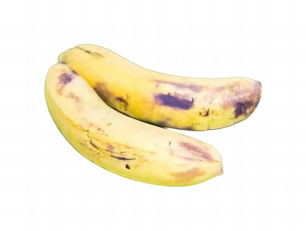 两个带有褐色斑点的香蕉的照片 有两个香蕉在白色的背景上是黄色和棕色的 — 图库照片