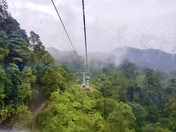 Yağmurda dağa çıkan teleferiğin fotoğrafı, ağaçlı bir dağdaki teleferiğin görüntüsü..