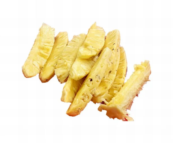 a photography of a pile of sliced pineapples on a white surface, there is a pile of sliced pineapples on a white surface.