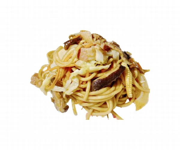 Photography Plate Noodles Meat Vegetables Noodles Shrimp Mushrooms Onions White — Stock Fotó
