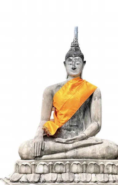Photography Statue Person Sitting Stone Platform Buddha Statue Orange Cloth — Stock Photo, Image