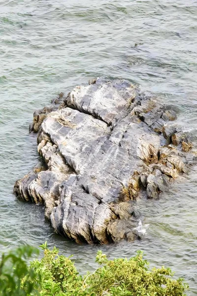 stock image a photography of a rock in the water with a bird perched on it, there is a large rock in the water with a bird on it.