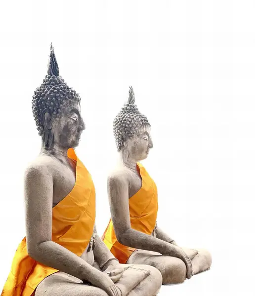 Fotózás Két Szobor Buddhas Egy Padon Van Két Szobor Buddhas — Stock Fotó
