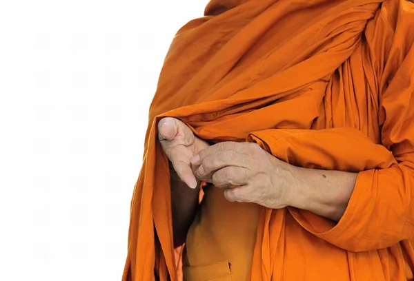 Een Foto Van Een Monnik Oranje Gewaden Die Zijn Handen — Stockfoto