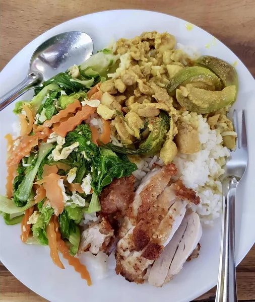 一盘有米饭 肉和蔬菜的食物的照片 还有一盘有肉 米和蔬菜的食物 — 图库照片