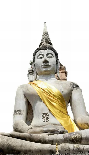 Φωτογραφία Αγάλματος Βούδα Καθισμένου Περβάζι Αγάλματος Καθισμένου Βούδα Κίτρινο Πανί — Φωτογραφία Αρχείου