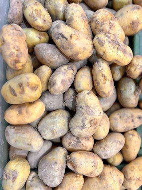 Bir masanın üstünde oturan patates yığınının fotoğrafı, bir masanın üstünde oturan patates yığınının yakın çekimi..