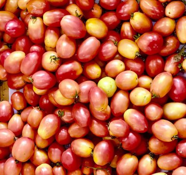 Bir yığın kırmızı ve sarı domatesin fotoğrafı, bir sepetteki kırmızı ve sarı domateslerin bakkal görüntüsü.