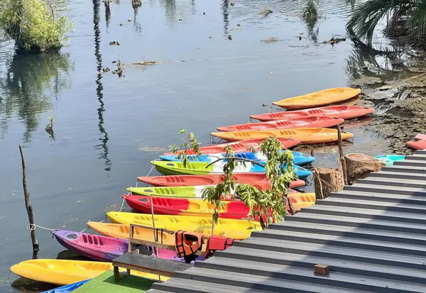 Photography Row Colorful Boats Docked Dock Lakeshore Many Colorful Boats — Stock Photo, Image