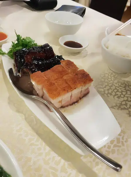用叉子和勺子做的一盘食物的照片 用肉和酱汁做的一盘食物放在桌上的照片 — 图库照片