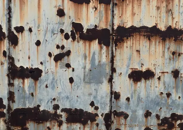 a photography of a rusted metal wall with a hole in the middle, wrecked metal surface with rust and paint on it.