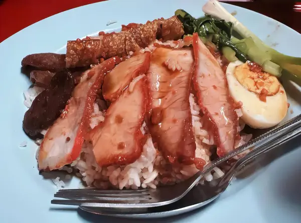 Eine Fotografie Eines Tellers Mit Fleisch Reis Und Gemüse Eines — Stockfoto