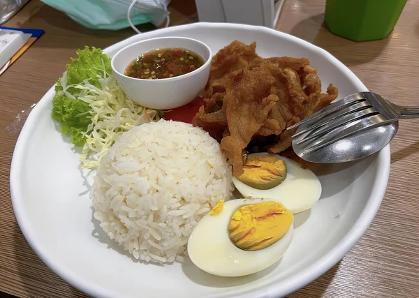 Fotografi Sepiring Makanan Dengan Nasi Telur Dan Daging Sepiring Makanan — Stok Foto