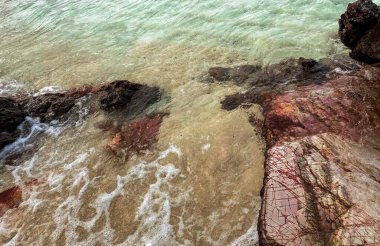 Suda, denizde kaya oluşumlu bir plajın fotoğrafı. Kayalık bir sahilin kıyı manzarası..
