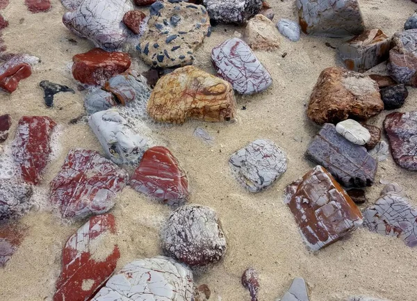 Фотография Груды Камней Камней Пляже Спиральных Камней Камней Разбросаны Песку — стоковое фото