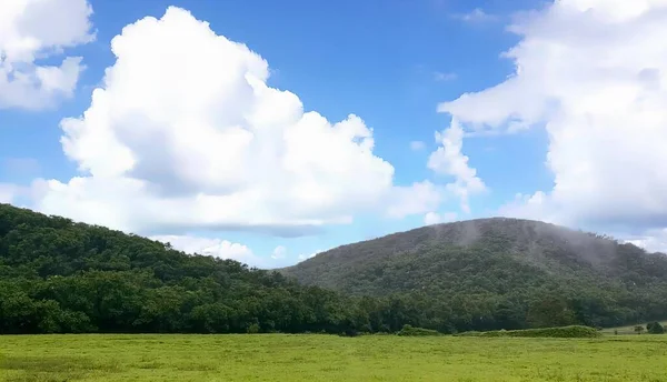 バックグラウンドの山 バックグラウンドの山と空のいくつかの雲を持つ野原の写真 — ストック写真