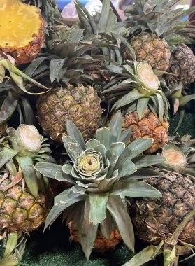 Ananas parçalı bir yığın fotoğraf, ananas ve ananas bir masanın üzerine istiflenir..