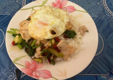 Bir tabak yemeğin, pirinçli ve yumurtalı bir tabağın, bir tabakta pirinçli, etli ve sebzeli bir tabağın fotoğrafı..