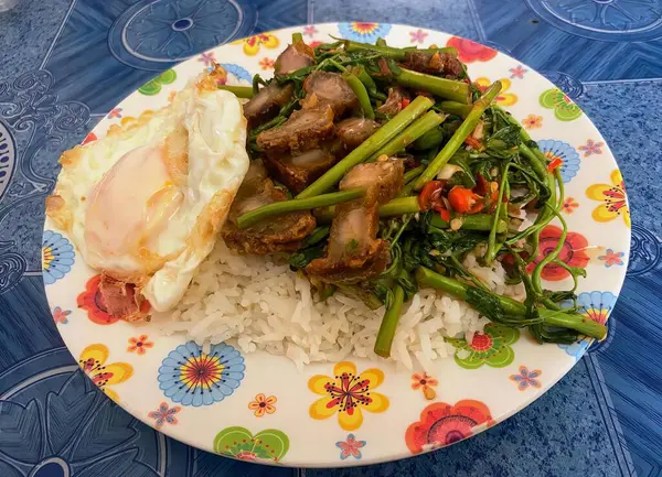 Stock image a photography of a plate of food with rice and meat, plate of food with meat, rice, and vegetables on a table.