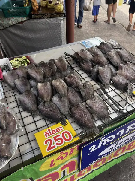 一张桌子上有一堆鱼的照片 肉铺在人行道上的金属架上卖鲜鱼 — 图库照片