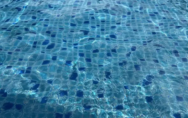 一个有蓝色瓷砖地板和白色飞盘的游泳池的照片 一个有蓝色水和白色飞盘的游泳池的浴帘 — 图库照片