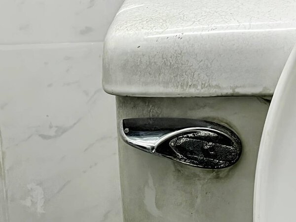 белый туалет с серебряной ручкой на белой стене.