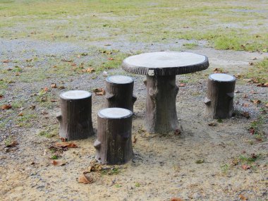 Bir masanın fotoğrafı ve parkta dört tabure..