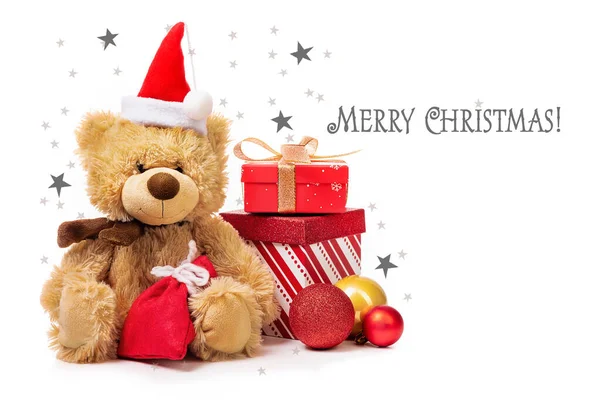 Счастливого Рождества Медвежонок Красной Кепке Коробки Подарками Заднем Плане Звездами — стоковое фото