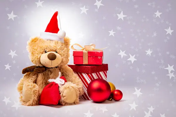 Καλά Χριστούγεννα Αρκουδάκι Κόκκινο Καπάκι Και Κουτιά Δώρα Φόντο Αστέρια — Φωτογραφία Αρχείου