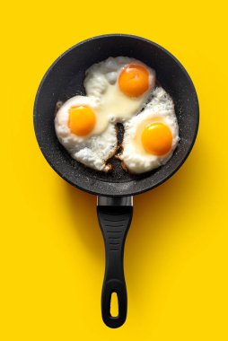 Frying pan with scrambled eggs from 3 eggs on a yellow background