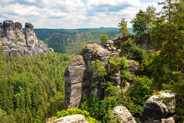 Saxon Suíça Bastei Vista Para Montanha Floresta — Fotografia de Stock