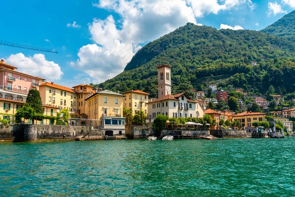 Italien Comer See Torno Blick Auf Die Seebrücke Und Gebäude Stockfoto