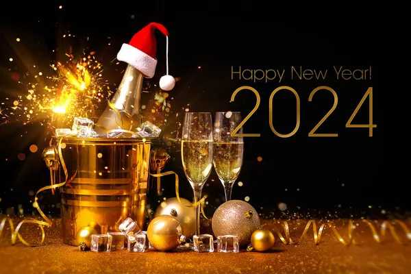 Altın kovada bir şişe şampanya, buzlu ve iki bardak şampanyayla Noel süslemelerinde siyah arka planda..