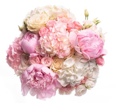 Pembe ve beyaz şakayık buketi, güller, ortancalar ve Asya düğün çiçekleri.