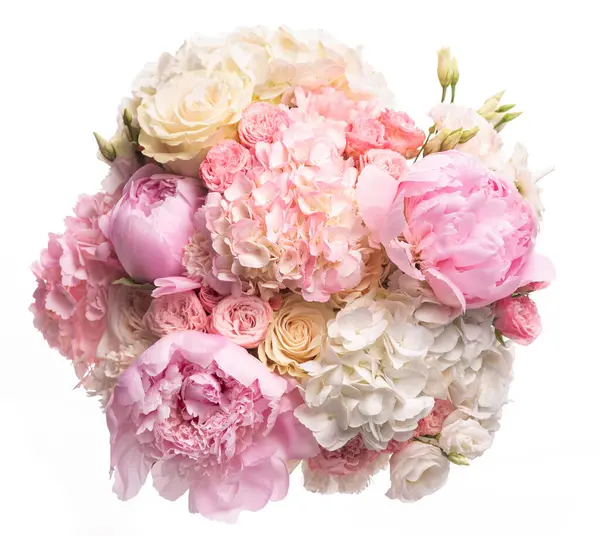 Pembe ve beyaz şakayık buketi, güller, ortancalar ve Asya düğün çiçekleri.