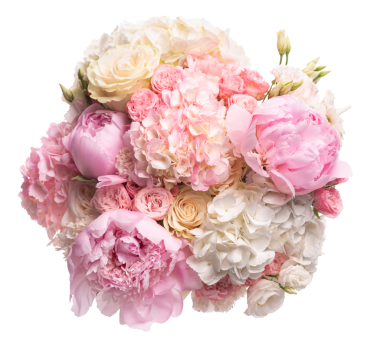 Beyaz ve pembe şakayık demeti, güller, ortancalar ve beyaz bir vazoda Asya düğün çiçekleri.