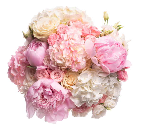 Beyaz ve pembe şakayık demeti, güller, ortancalar ve beyaz bir vazoda Asya düğün çiçekleri.