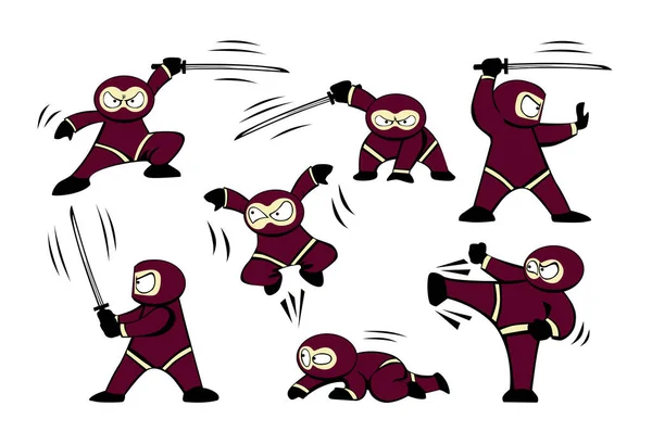 Rolig Tecknad Liten Ninja Set Med Katana Svärd Olika Kämpar — Stock vektor