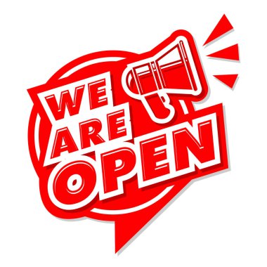 Kırmızı etiket web sayfası ya da ön kapı için megafonla açığız. Şeffaf arkaplanda vektör