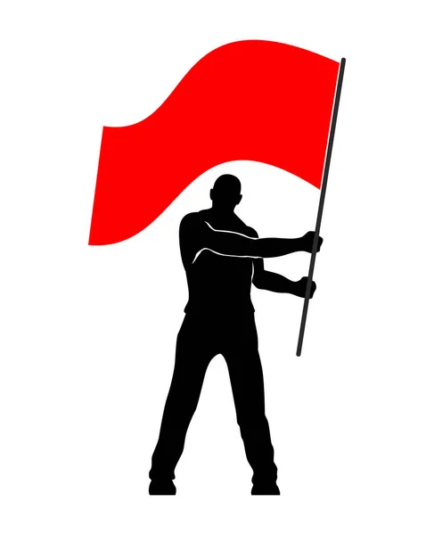 Hombre Con Bandera Roja Silueta Protesta Rebelde Sosteniendo Pancarta Vector — Vector de stock
